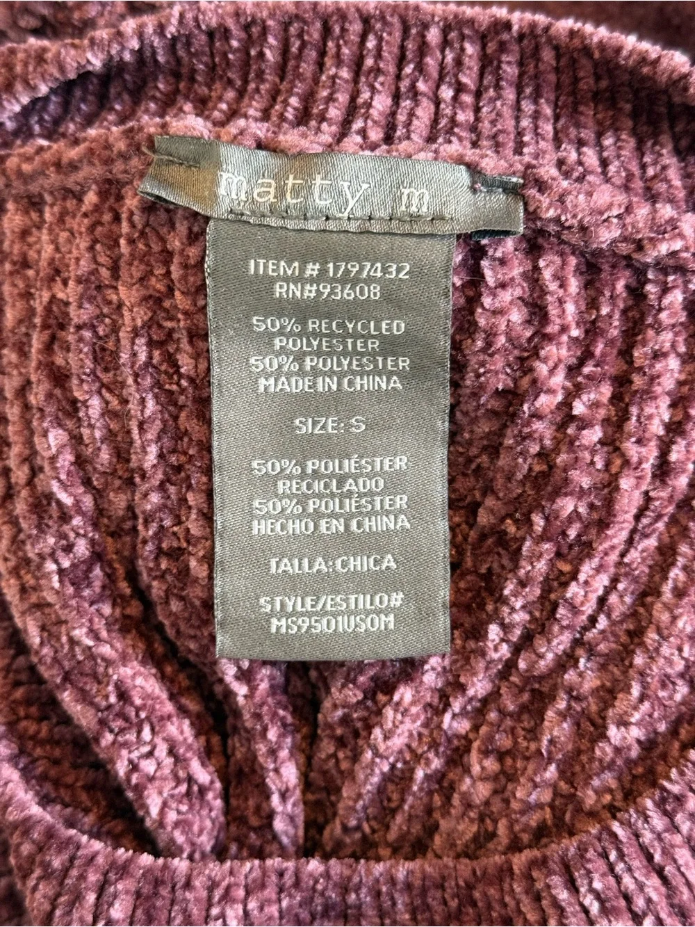Matty M Chenille Crewneck Sweater Mauve Cozy Knit Size Small